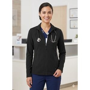 Barco One Scrub Jacket Women Size S Black Full Zip Ruched Back